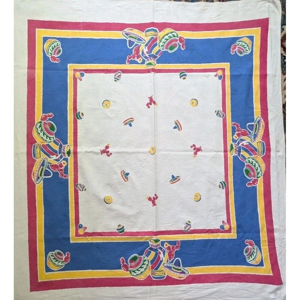 Vtg Startex Southwest Mexico Printed Tablecloth Sombrero Cactus Pottery 50x46